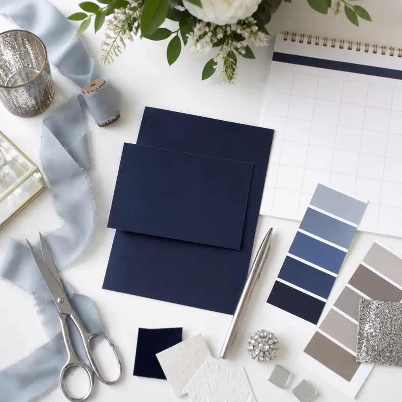 Event planning stationery, color swatches, and silver details