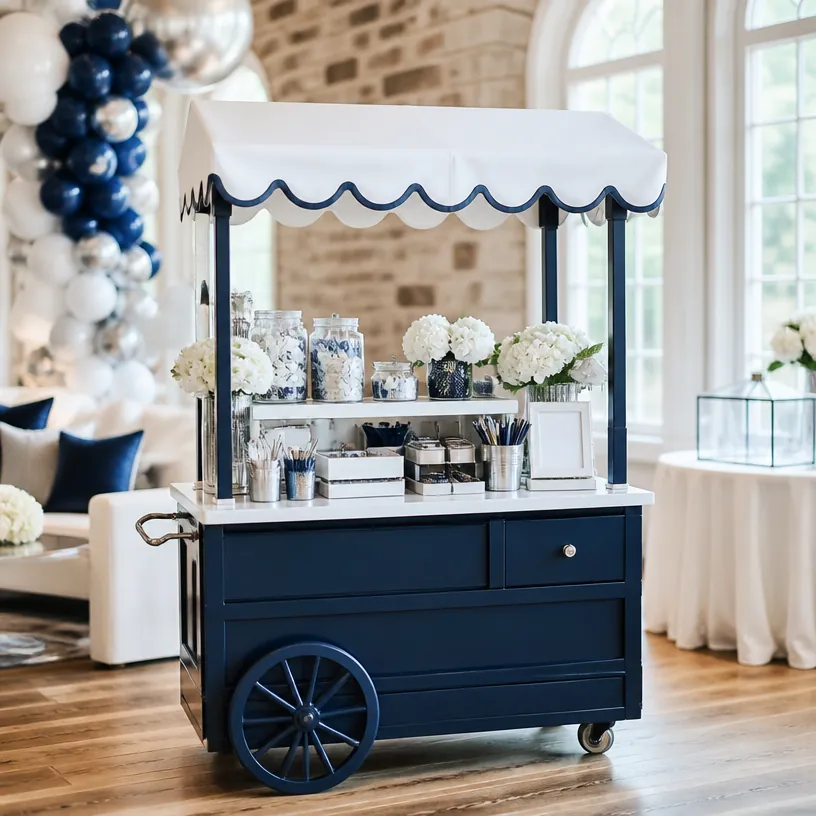 Navy and white activity cart ready for an event