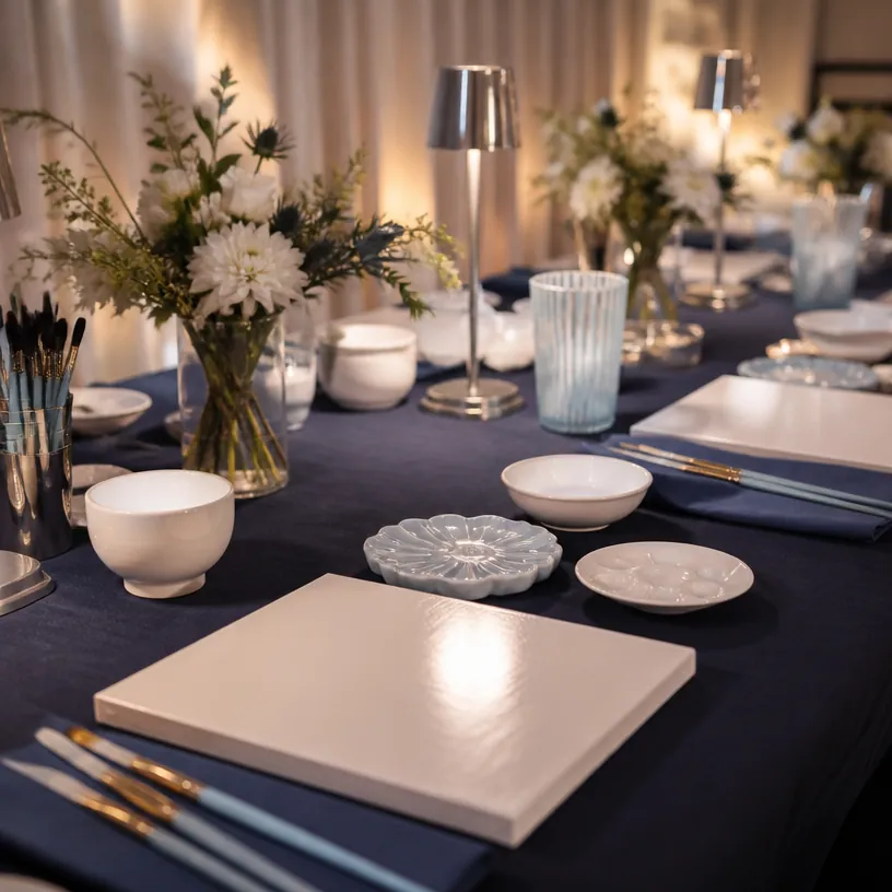Elegant craft night table with ceramics and painting supplies