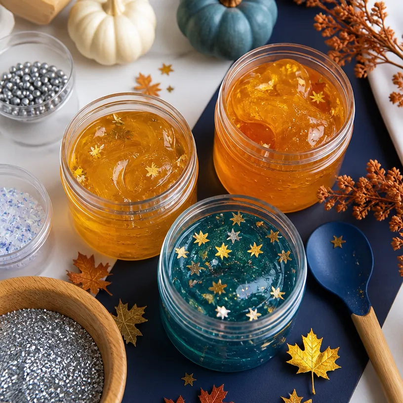 Autumn slime jars with glitter and seasonal details