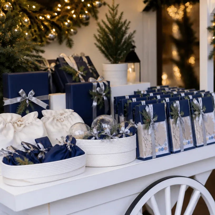 Holiday market cart with navy and silver craft packages